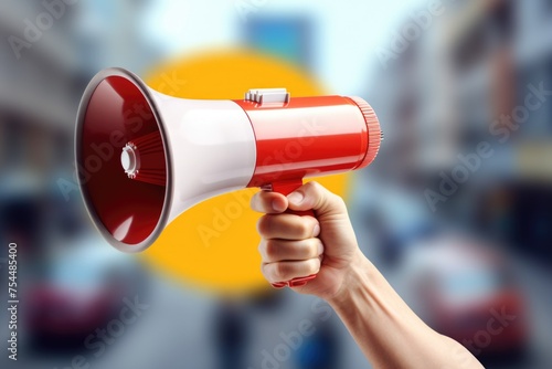 A hand holding a red and white megaphone for announcements and promotions
