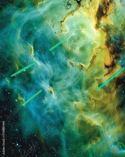 Cosmic Vistas with Green Energy Strokes in a Gas Nebula, Depicting the Majesty of Space and Astronomical Phenomena