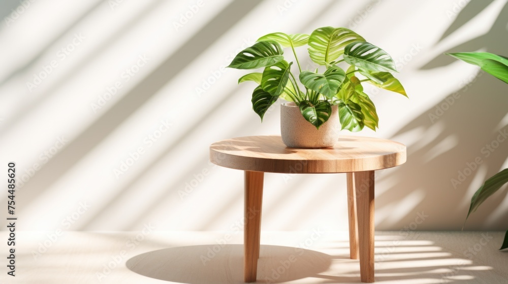 A potted plant sitting on top of a wooden table, suitable for home decor