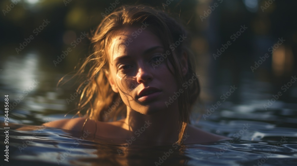 A woman with long hair in a body of water. Perfect for beauty or spa concepts