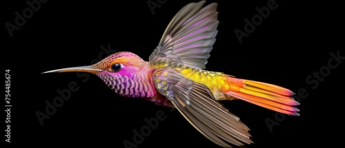  a colorful bird flying through the air with it's wings spread out and it's head turned to the side. © Frederik