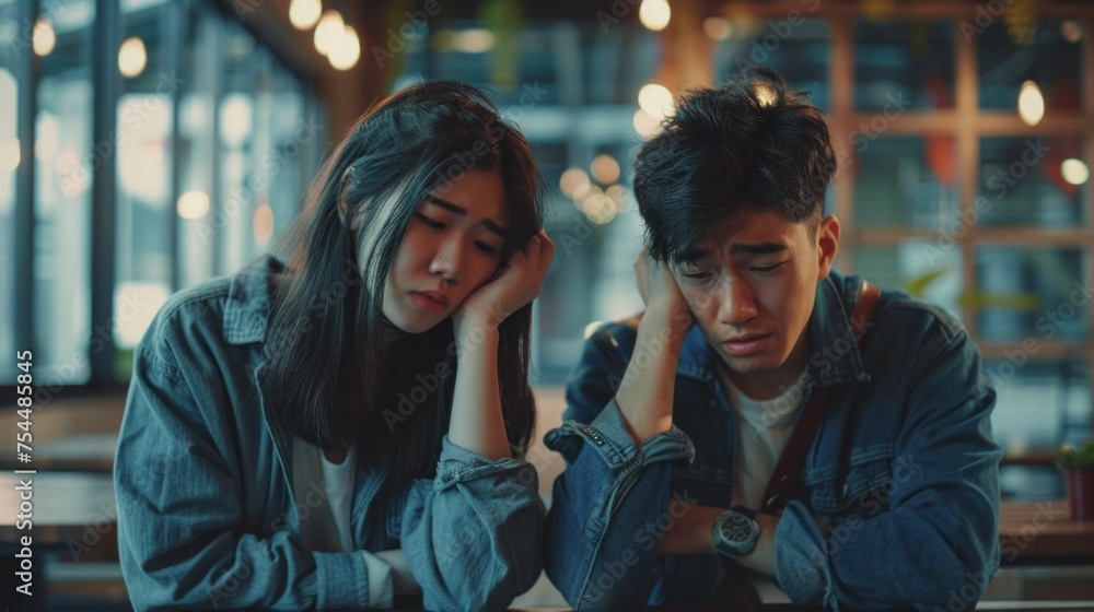 Asian couple emotional struggle during breakup, navigating troubled relationship challenges.