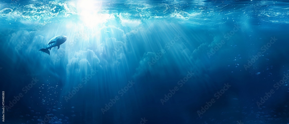  a large fish swimming in the ocean with a bright light coming out of the top of it's head.