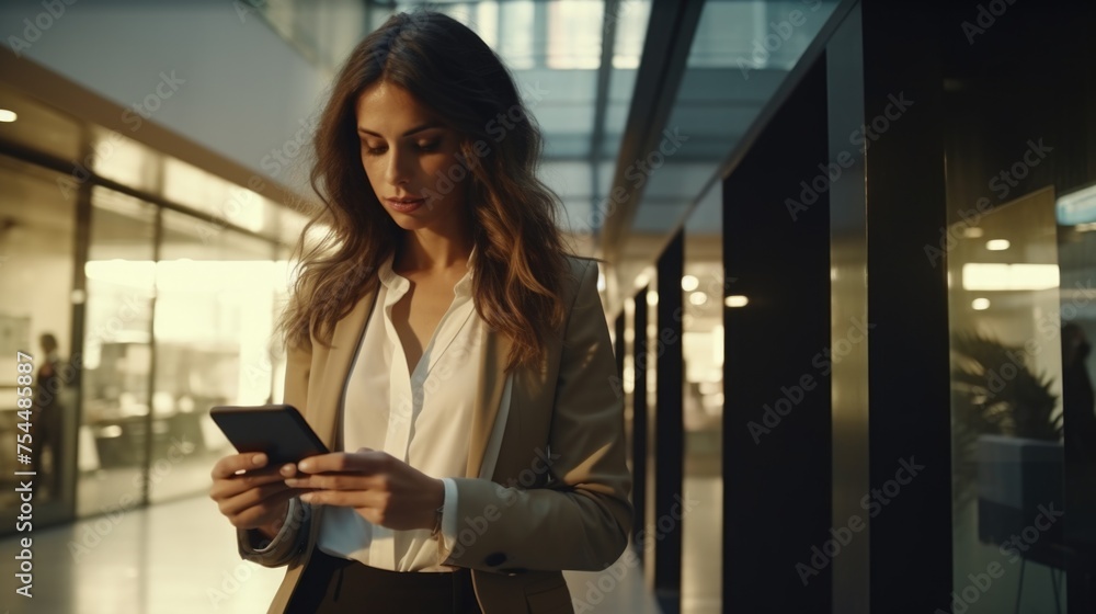 A woman in a business suit looking at her cell phone. Suitable for business and technology concepts