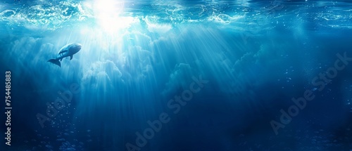  a large fish swimming in the ocean with a bright light coming out of the top of it s head.