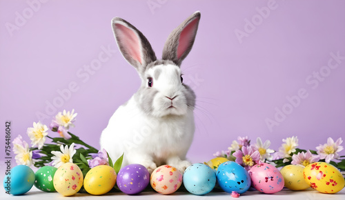 Easter colored eggs and rabbit on violet