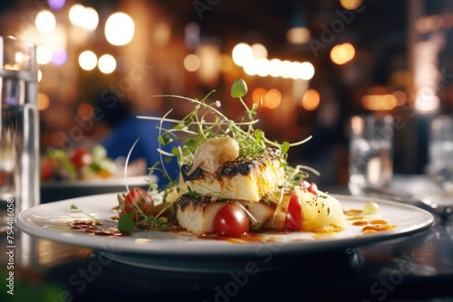 A plate of food on a table in a restaurant. Ideal for food and dining concepts photo