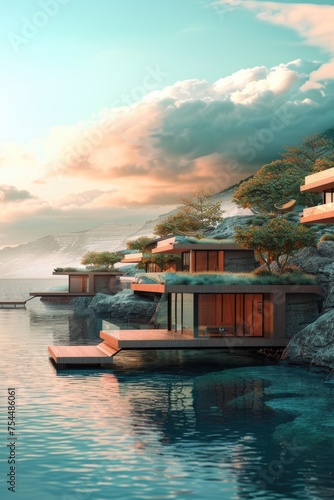 A picturesque house perched on a cliff overlooking a serene body of water. Perfect for real estate or travel concepts