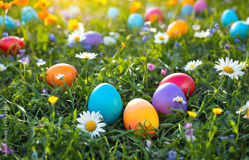 Easter decorated egg on spring meadow Easter decorated egg on spring meadow
