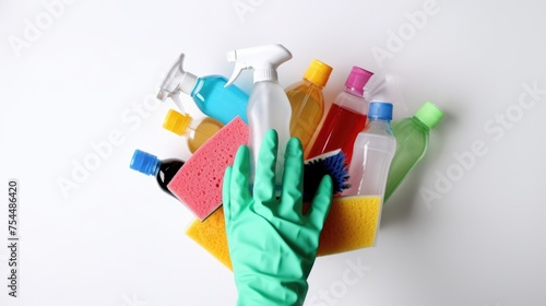 A person in green gloves holding a bunch of cleaning supplies. Perfect for household cleaning concept