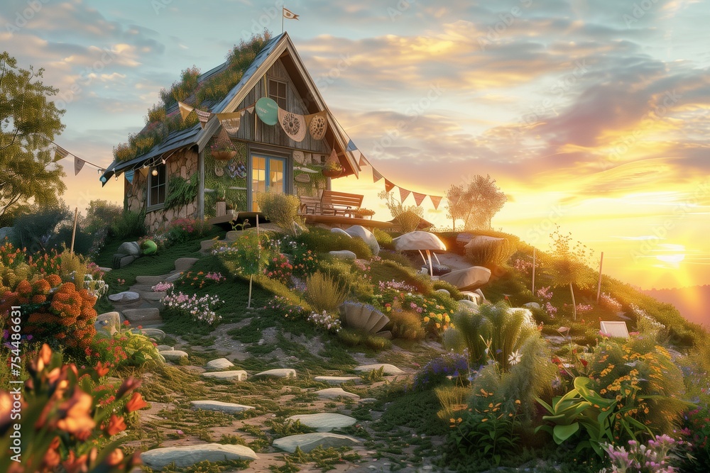 A charming cottage atop a hill, adorned with Earth Day decorations that blend naturally into the scenic landscape. - obrazy, fototapety, plakaty 