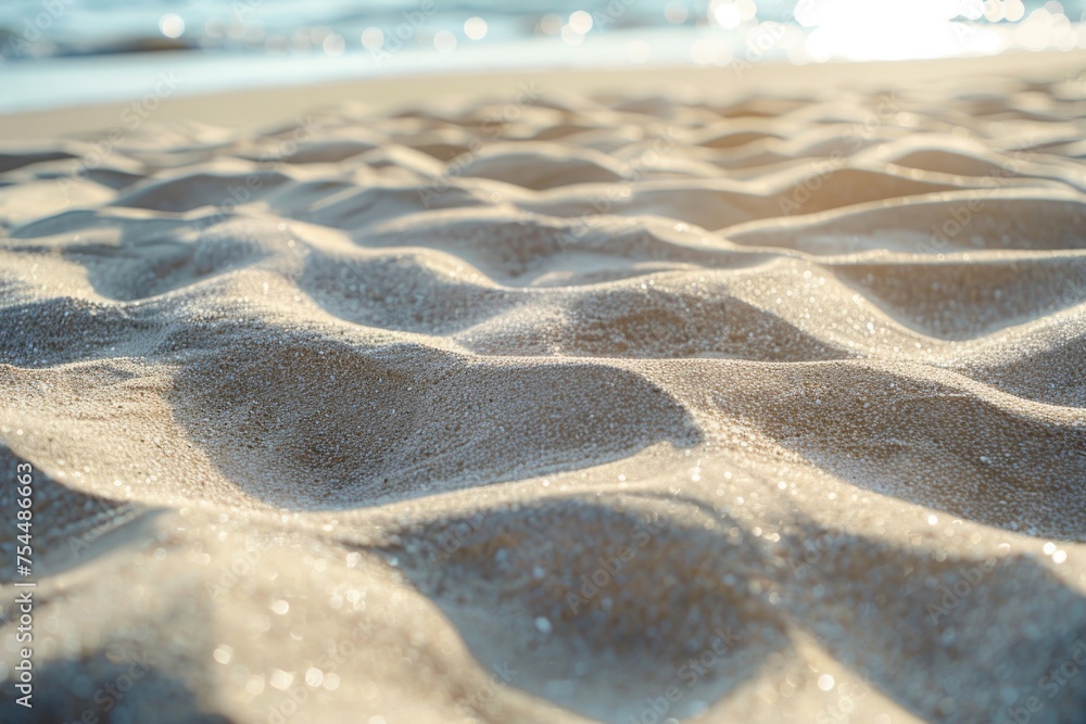 Close up of sand on a beach near the ocean, suitable for travel and nature concepts Close up of sand on a beach near the ocean, suitable for travel and nature concepts