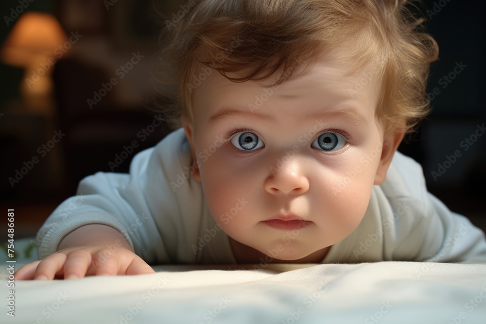 Sweet baby with blue eyes resting on a bed. Ideal for baby product promotions Sweet baby with blue eyes resting on a bed. Ideal for baby product promotions