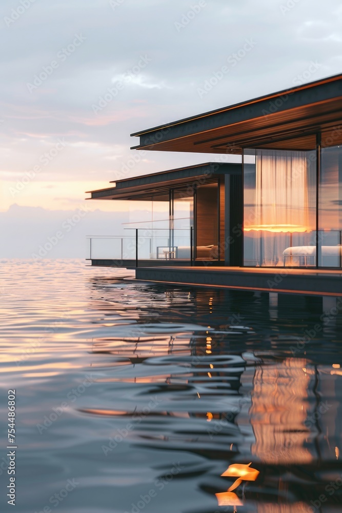 A house sitting on top of a body of water. Suitable for real estate or travel concepts A house sitting on top of a body of water. Suitable for real estate or travel concepts