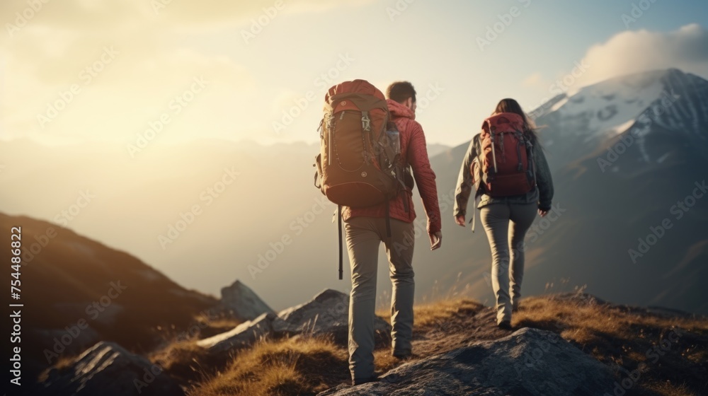 A couple of people with backpacks walking up a hill. Ideal for outdoor and adventure concepts