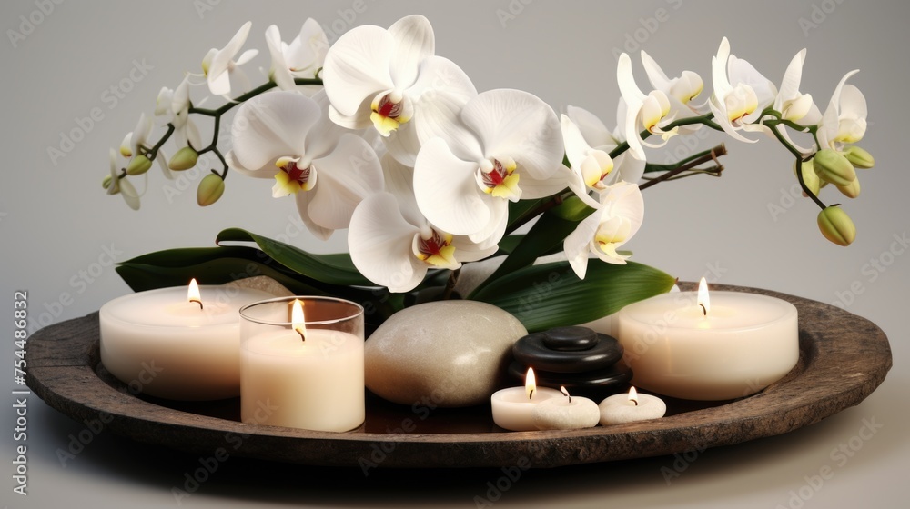 A plate with candles and flowers, suitable for various occasions A plate with candles and flowers, suitable for various occasions