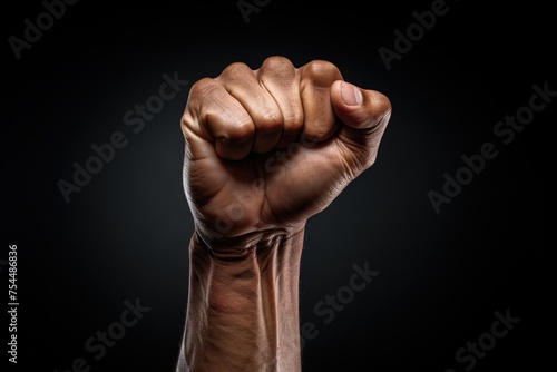 Close up of a person's fist on a black background. Great for illustrating power and determination