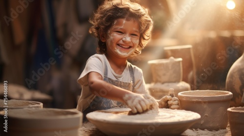 Curly-haired cheerful boy potter in a protective apron working hard on a clay product in a pottery workshop photo