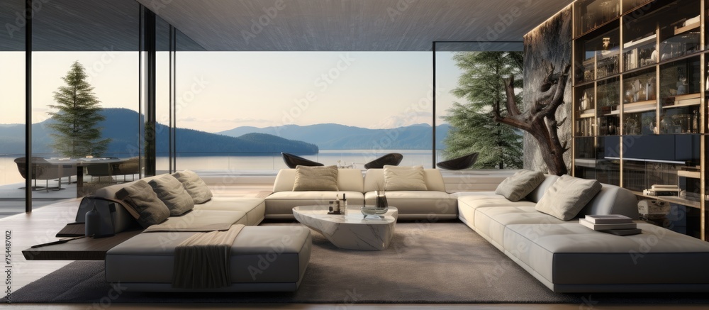 Fototapeta premium A modern living room featuring a large couch placed in the center, adorned with plush cushions. A sleek bookshelf stands against the wall, showcasing an array of books.