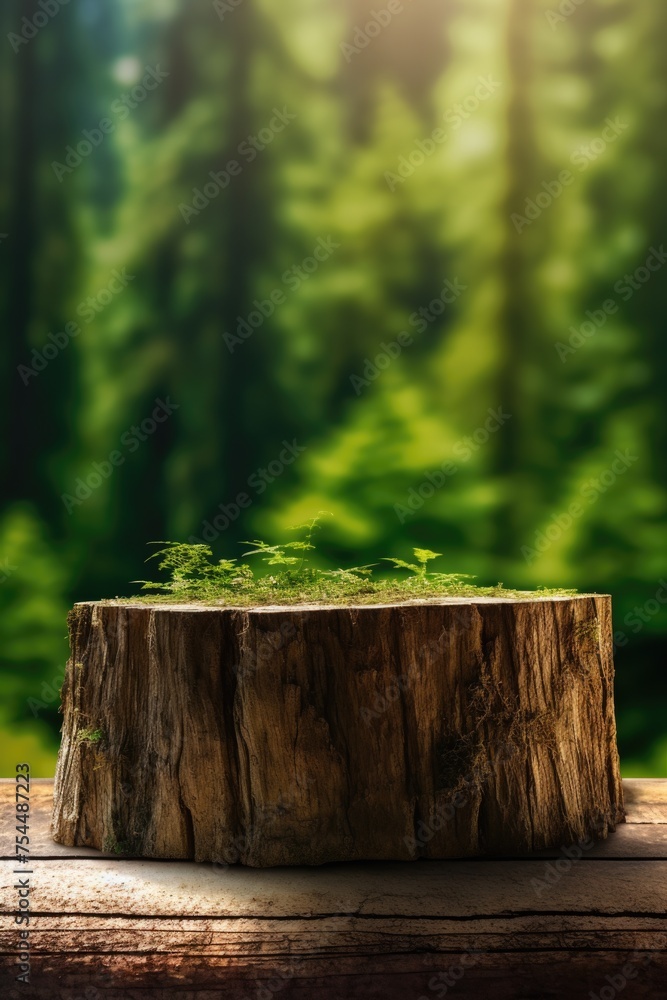 Fototapeta premium A tree stump resting on a wooden table. Ideal for nature and outdoor-themed designs