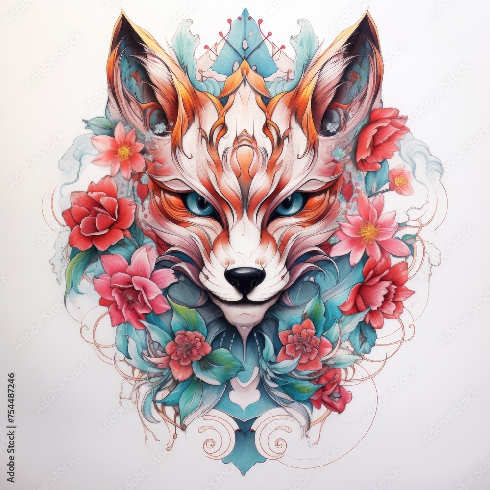 Fototapeta premium A drawing of a fox surrounded by flowers, perfect for nature lovers