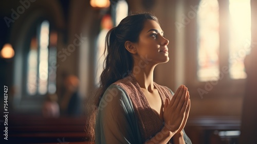 A woman is praying in a church. Suitable for religious concepts