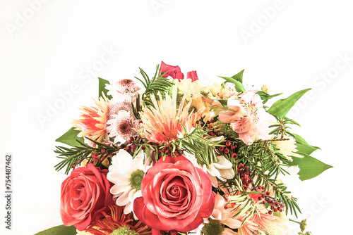 Bouquet of red roses and various flowers on a white background  Happy mother s or birthday concept