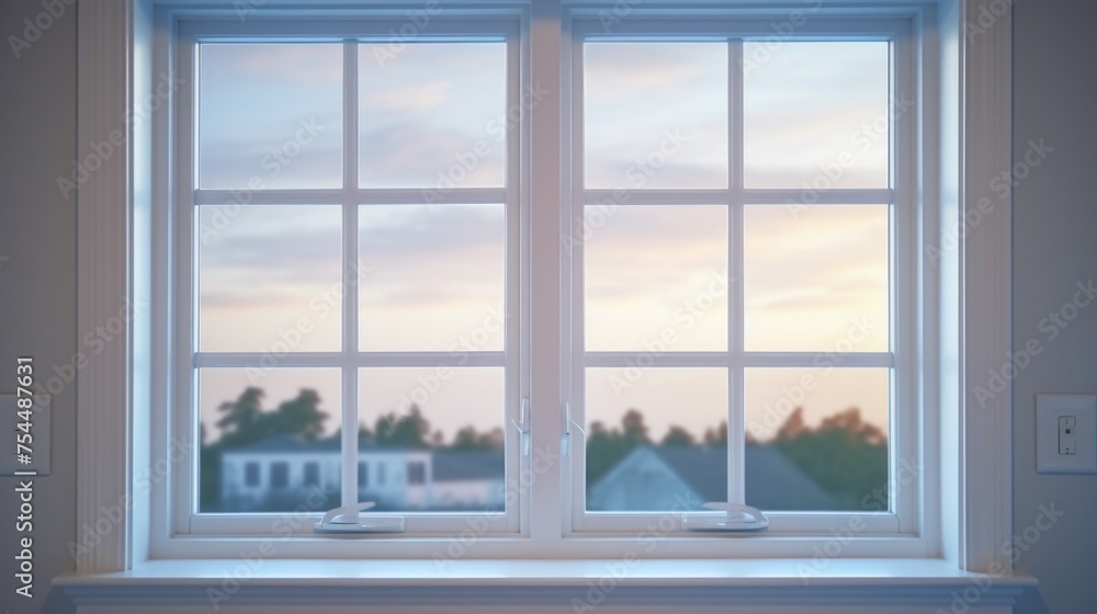 A window with a view of a house in the distance. Suitable for real estate concepts