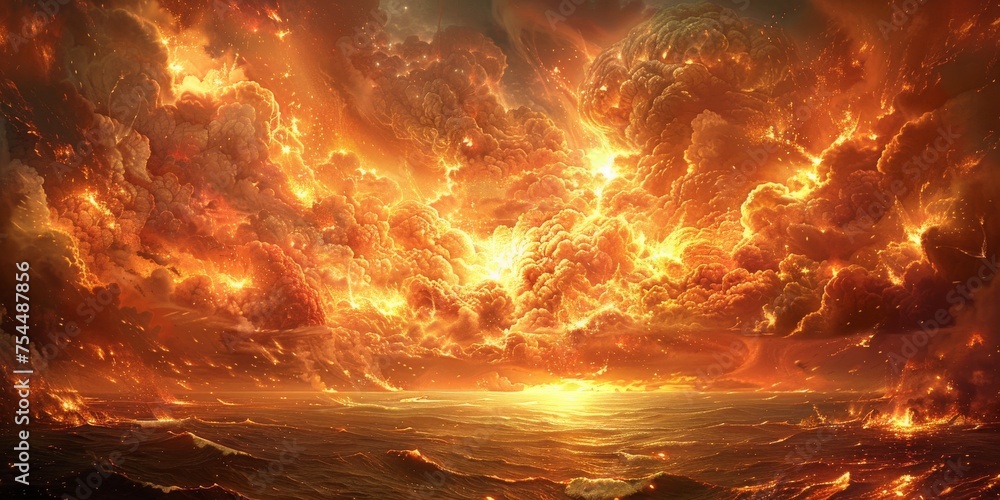 Apocalyptic Sky with Intense Swirling Clouds of Fire and Brimstone Illuminating the Heavens - obrazy, fototapety, plakaty 