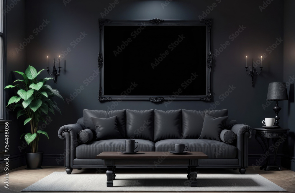 arafed black leather couch in a dark room with a large mirror arafed black leather couch in a dark room with a large mirror