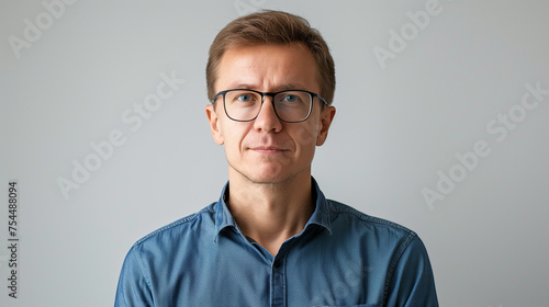 Head shot portrait of middle aged business man posing on grey wall studio background