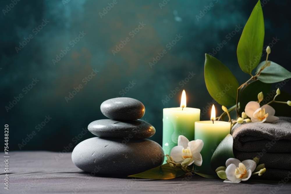 A tranquil spa setting featuring smooth stones, burning candles, and white orchids on a serene backdrop. Spa Concept with Candles, Stones, and Orchids