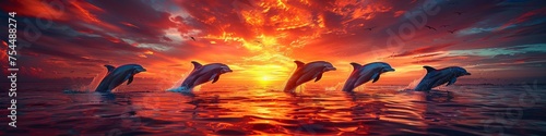 Dolphins jumping from water against dramatic sunset sky with vivid red and orange hues  creating a striking silhouette