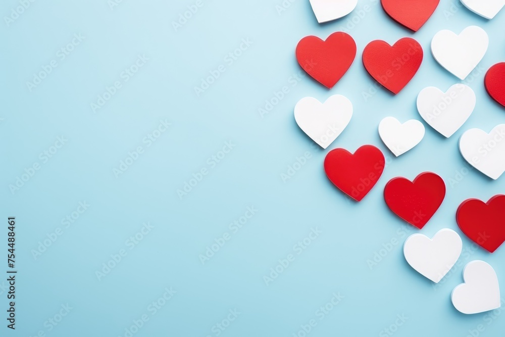 Red and white paper hearts scattered on a light blue background, representing love and Valentine's Day.