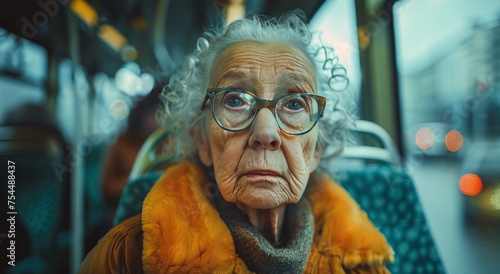 Old Woman in Glasses Riding Bus