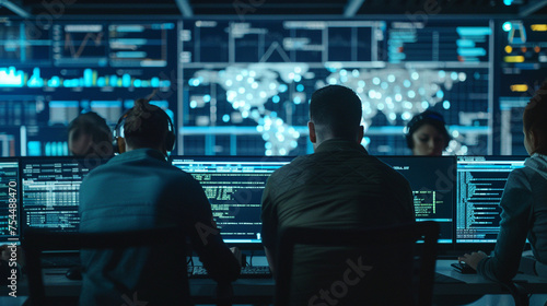 A team of cybersecurity experts huddled around a monitor, analyzing lines of code and security logs to thwart potential cyber threats. © Amazing-World