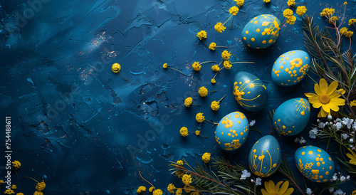Colorful Easter Eggs Cover Blue Background Print for Greeting or Social media Post. Pascha Fest. Neo Art Cards E V 6 3