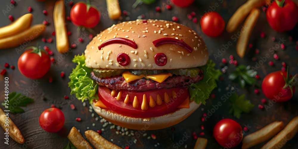 Fast Food Face Arrangement Whimsical Meal Presentation. Concept Food Art, Whimsical Creations, Fast Food, Playful Displays, Creative Arrangement