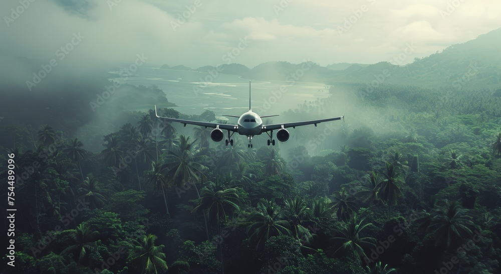 Fototapeta premium Airplane Flying Over Forest of Palm Trees