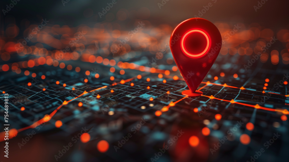 Red map pin in cityscape and network connection, indicating the city destination on the map  - obrazy, fototapety, plakaty 
