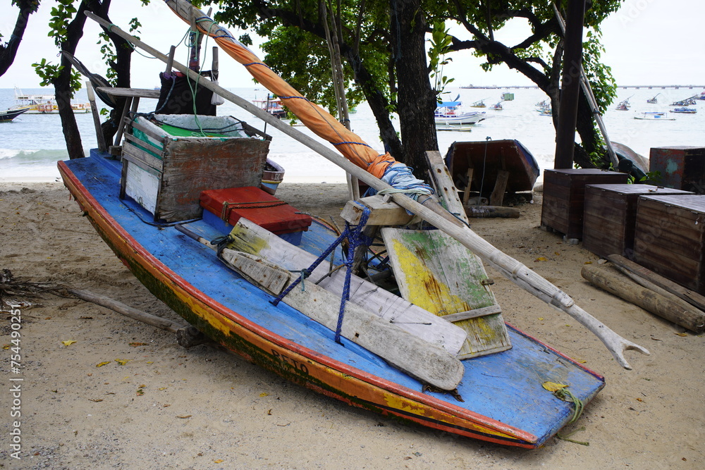 A jangada is a traditional fishing boat (in fact a sailing raft) made of wood used in the northern region of Brazil. Fortaleza - Ceará, Brazil.