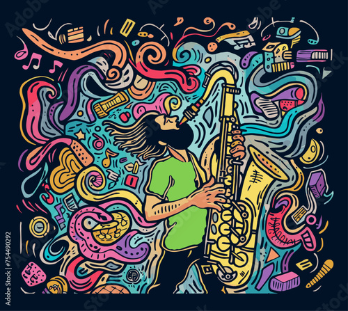 Stylized image of a saxophonist enveloped  capturing the essence of jazz and urban music culture, ideal for modern musical themes and designs.