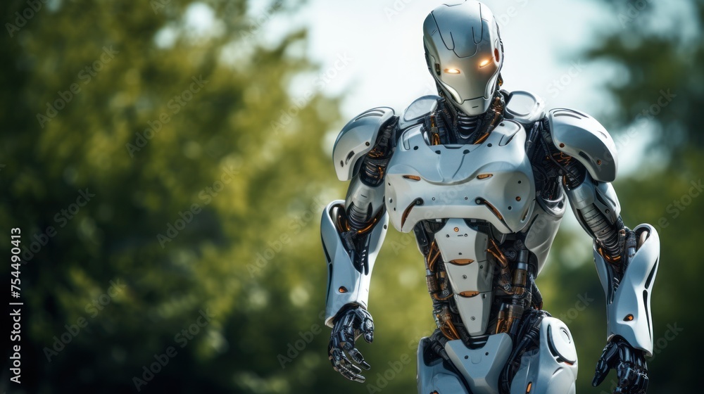 A steel-colored humanoid robot with artificial intelligence walks down the street and looks at the camera with green trees in the background