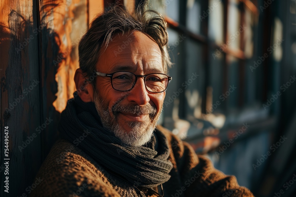 Fototapeta premium Portrait of a mature man with glasses and a knitted scarf smiling and looking at camera