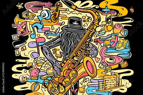 Stylized image of a saxophonist enveloped in neon light  capturing the essence of jazz and urban music culture  ideal for modern musical themes and designs.