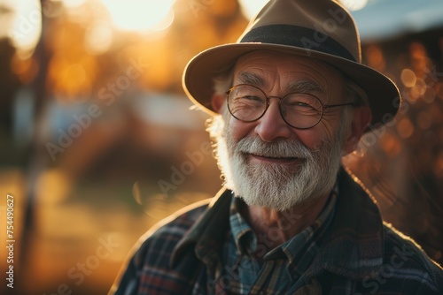 Portrait of a senior man in hat and glasses at sunset