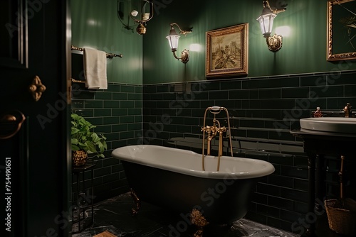 a bathroom with a green tiled wall