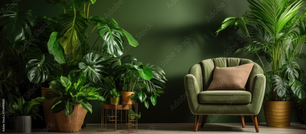 A tropical plant with green leaves sits beside a comfortable armchair in a well-lit room. The chair is positioned facing the window, while the vibrant plant adds a touch of nature to the indoor space.