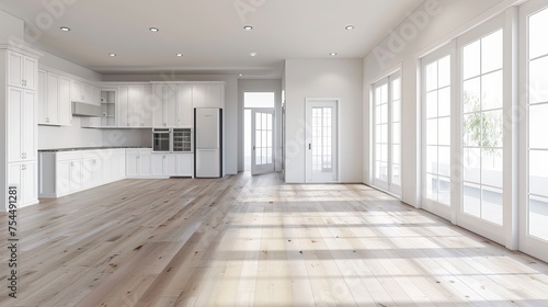 White walls and a hardwood floor fill the spacious, vacant living room of a modern house, with the kitchen and entryway in the distance.