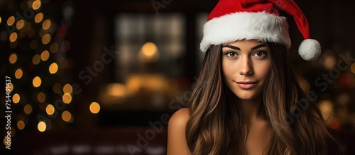 A woman is seen wearing a red Christmas outfit and a Santa Claus hat in a dark room. The room is dimly lit, emphasizing the festive attire of the woman.